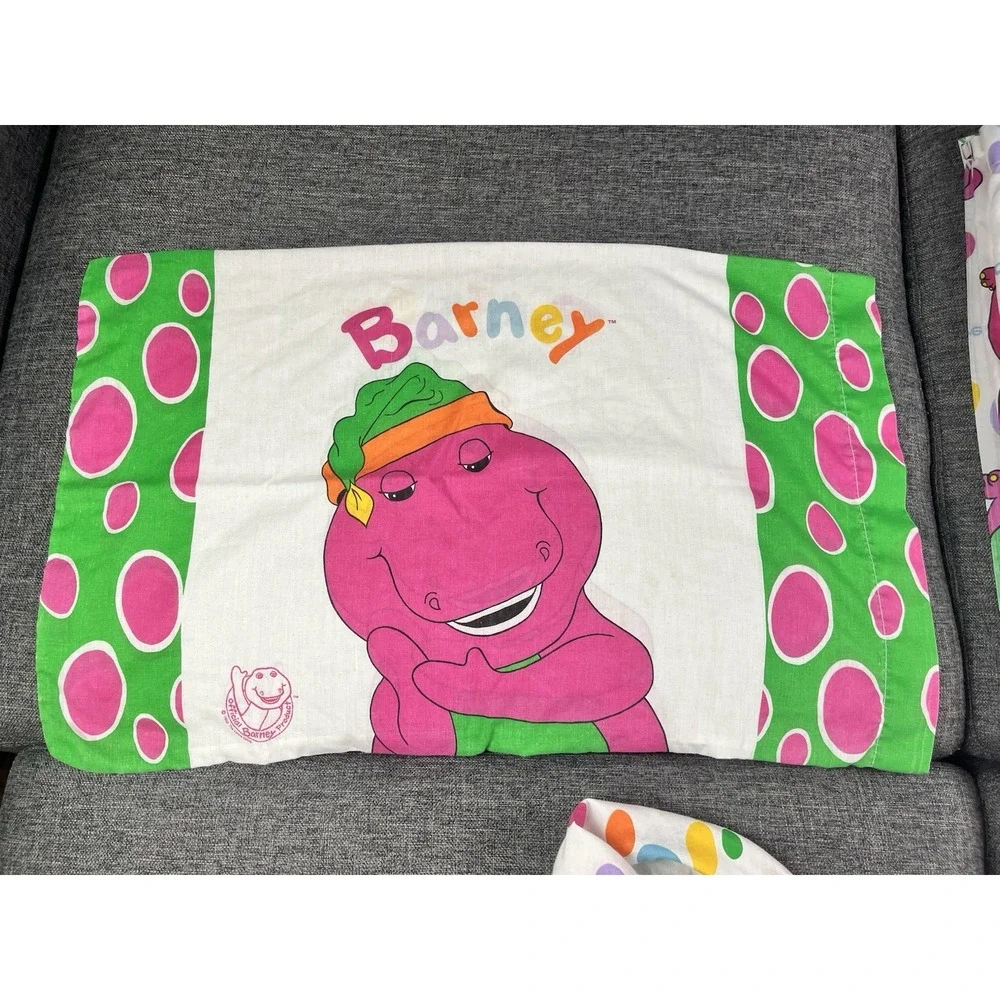 Barney Twin Sheet Set 3 Pieces Fitted Flat Sheet Pillowcase 1992 Vintage
